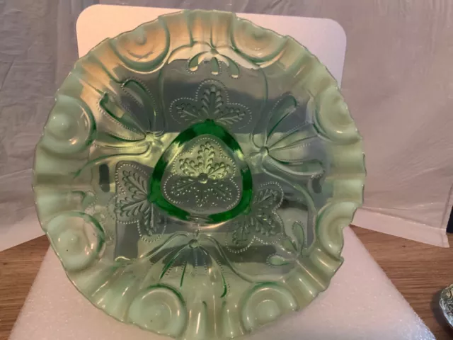 Jefferson Green Opalescent Footed Ruffle Glass Bowl Candy Dish Snow Flake Pat.