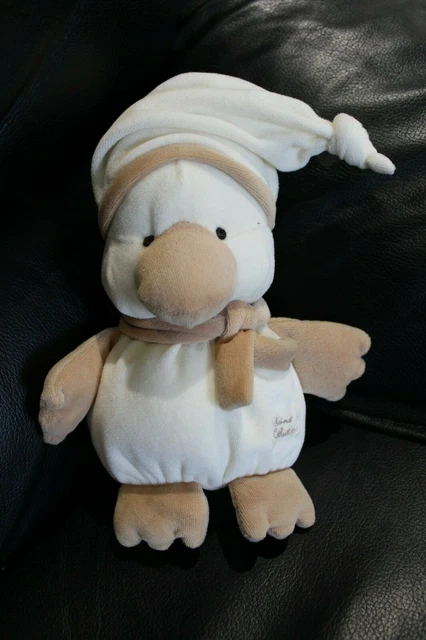 Doudou peluche canard oiseau blanc et marron beige TIAMO COLLECTION bonnet 22 cm