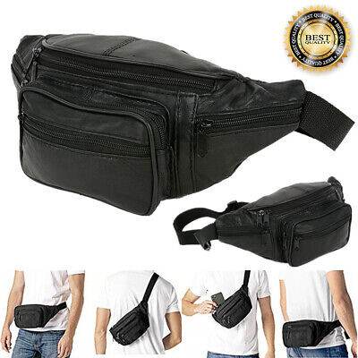 Fanny Pack Black Genuine Leather Waist Bag Travel Purse Hip Belt Carry On Pouch