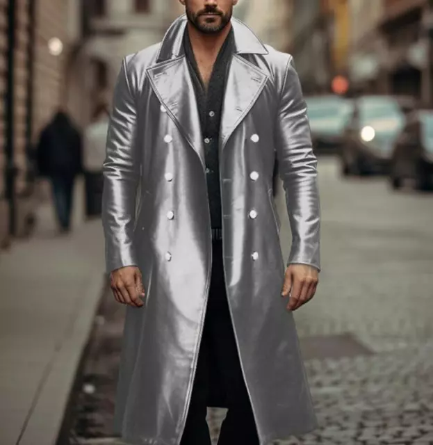 Men's Youth Fashion Lapel Double Breast Faux Leather Jacket Long Trench Coat SKG