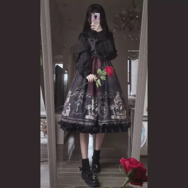 Dame, Mädchen Gothic Lolita Kleid Cosplay Kostüm Kawaii Rüschen Slip Retro Black