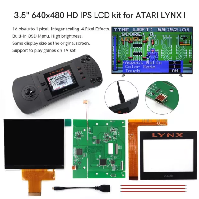 640x480 Retro Pixel HD 3.5'' IPS LCD Screen HDMI-Compatible Kit For ATARI LYNX Ⅰ