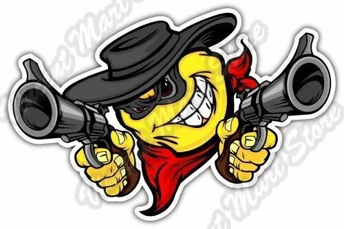 Angry Smiley Face Emoticon Gun Pistol Zorro Car Bumper Vinyl Sticker Decal 6"X3"