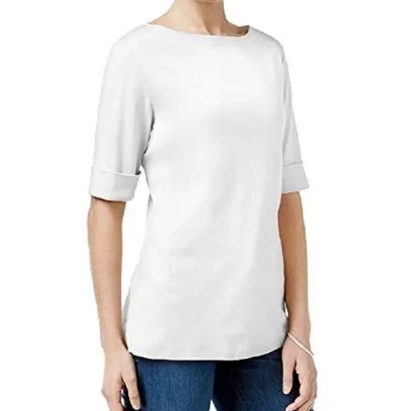 NWT Karen Scott Bright White Cotton Boat Neck Elbow Sleeve Top PETITE L LARGE