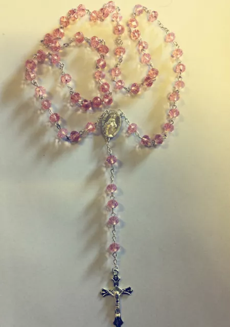 LIGHT Pink Crystal ROSARY Beads Necklace With Crucifix