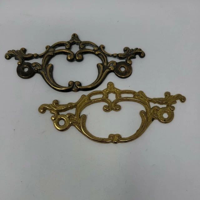 Ornate Decorative Trunk Trim Furniture Drawer Pull Lot of 2 Vintage Plate Brass