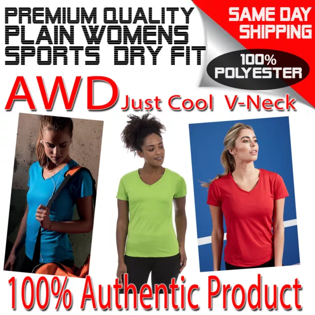 AWD JUST COOL T WOMENS V-Neck Plain 100% Polyester Sports Shirt tshirt T-Shirt