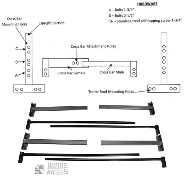 Adjustable Roof Ladder Racks for 4" up to 7" Wide Pickup Trailer Truck Van Steel 3