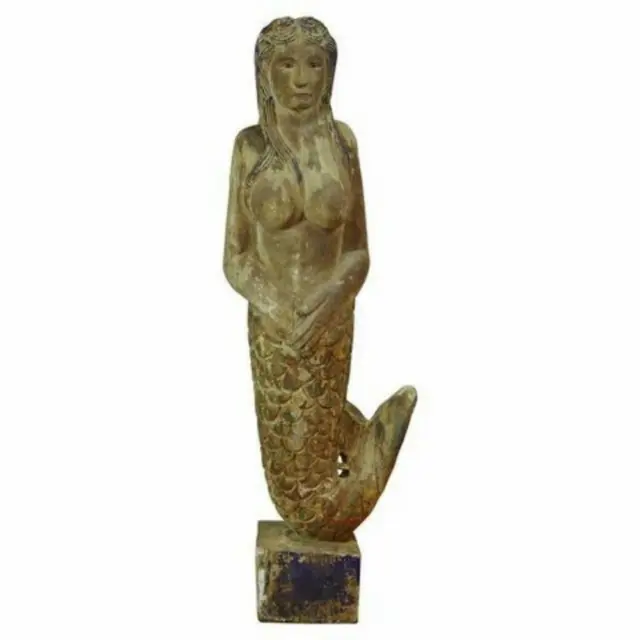 Wooden Hand Carved Mermaid Statue Folk Art Sculpture Vintage Style 5.5 Feet Tall