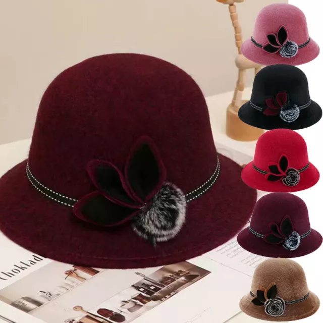 Winter Women Ladies Vintage Wool Felt Bucket Cap Flower Cloche Church Bowler Hat