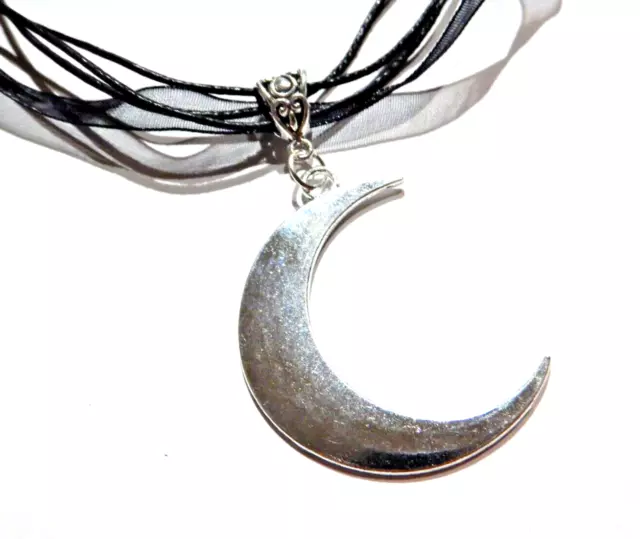 BLACK RIBBON SILVER CRESCENT MOON CHOKER gothic witch wiccan lunar necklace 1C