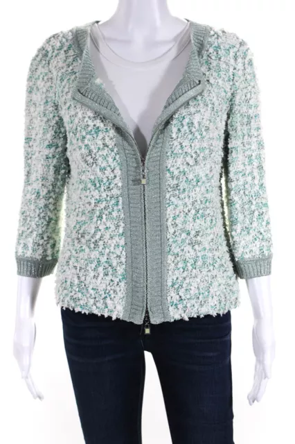 St. John Womens Metallic Knit Fringe 3/4 Sleeve Jacket Mint Green Blue Size 6