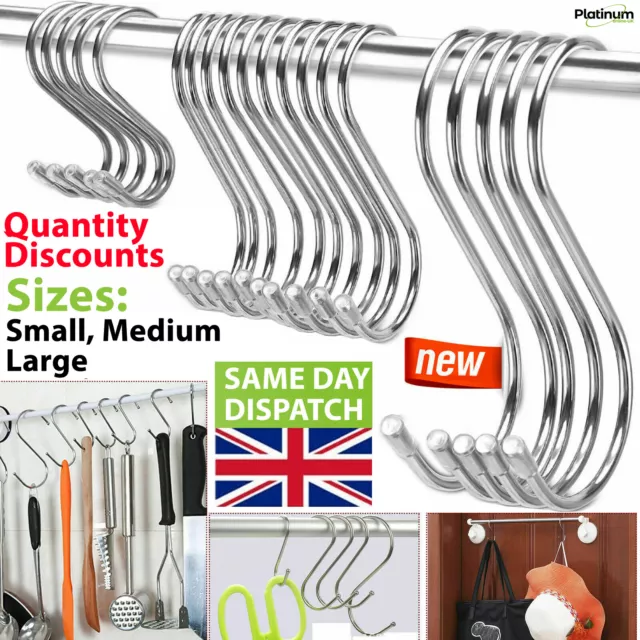 Stainless Steel S Hooks 10/20/30/40/50 Kitchen Utensil Clothes Hanger Hanging UK