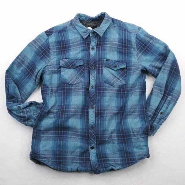 Hurley Shacket Mens Sz L Blue Plaid Flannel Shirt Jacket Sherpa Lined Button Up