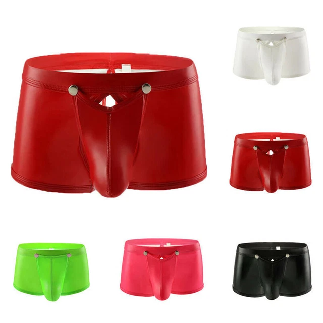 Mens Sexy PU Leather Open Pouch Underwear Boxer Shorts Wet Look Trunks Panties,