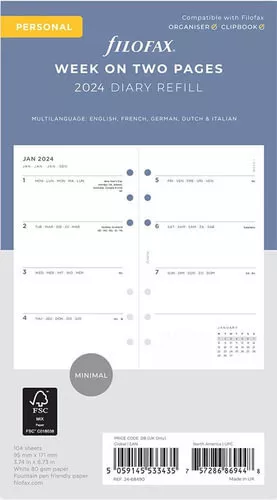 NEW Filofax - Refill 2024 - Minimal Week to View Multilanguage - Personal Diary