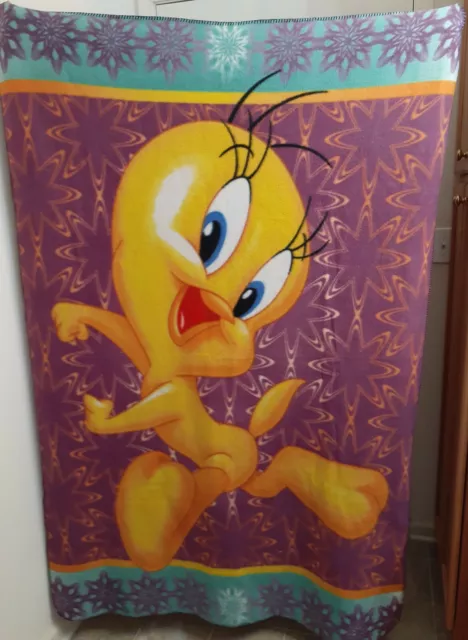 Vintage Tweety Bird Fleece Throw Looney Tunes 42x68 Blanket Purple Teal 1990s