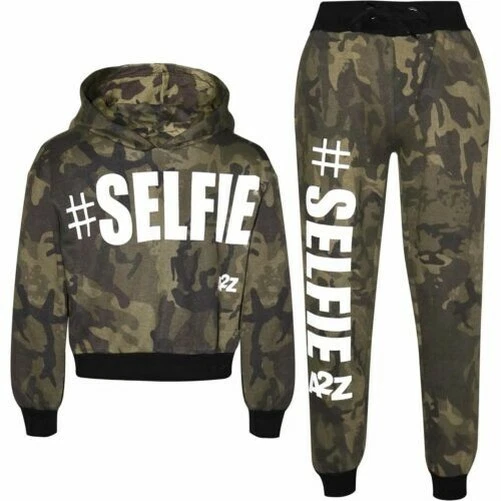 Bambine Tuta # Selfie Verde Mimetico con Cappuccio Top Corto Fondo Jogging Abiti