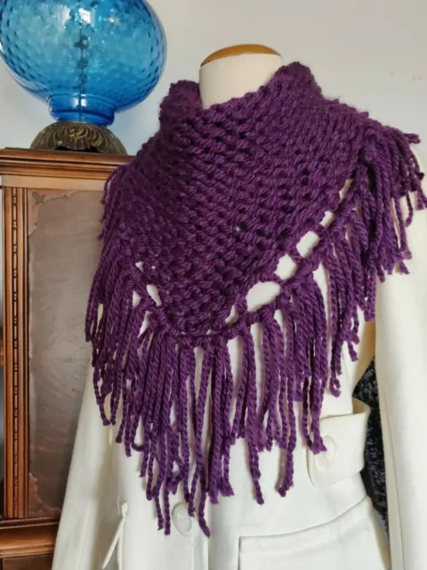 Womens Hand Knit Fringe Scarf Plum purple violet Bib Triangle Boho Wrap