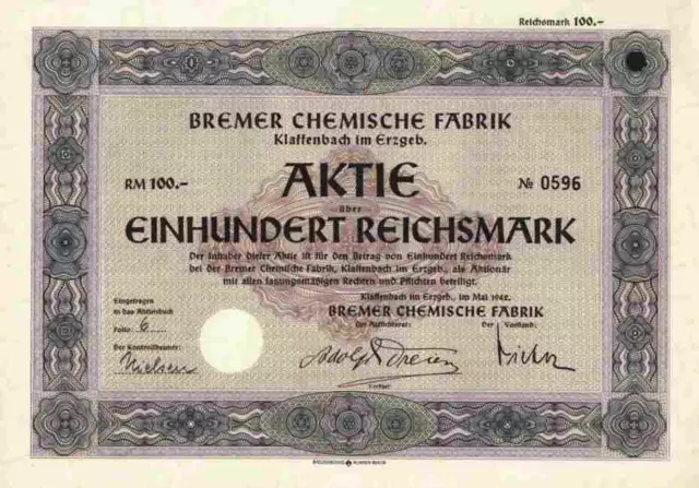 Bremer Chemische Fabrik 1942 Klaffenbach Erzgebirge Hude Oldenburg Bremen 100 RM