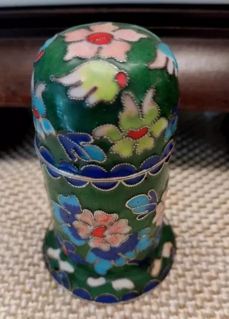 Cloisonné Trinket Cylinder Box green Enamel Vntg Chinese Asian