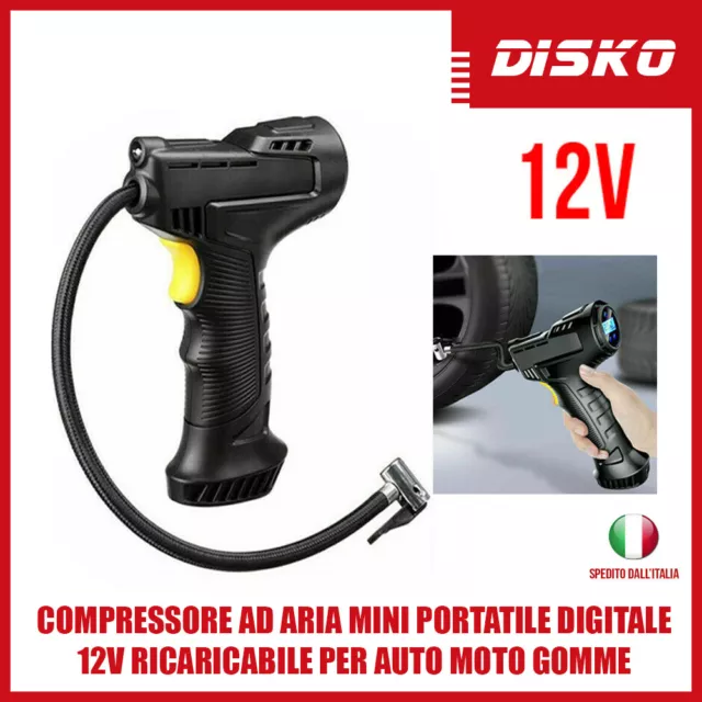 Compressore Ad Aria Mini Portatile Digitale 12V Ricaricabile Per Auto Moto Gomme