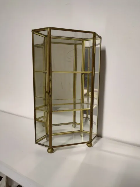 Vintage Brass Glass Curio Cabinet w/ Shelf Door Latch Hexagon Display
