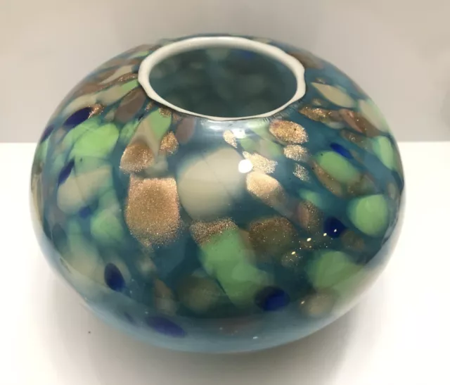 Large Signed Hand Blown Art Glass Vase - Blue Green, Gold