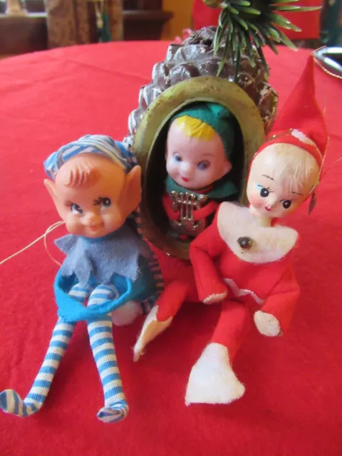 VINTAGE CHRISTMAS ELF Ornaments Pixie Elves Knee Hugger 3 Pinecone ...