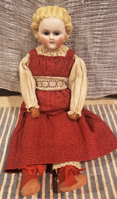 Old Painted Bisque Porcelain Head Doll Glass Eyes Orig Clothes Molded Blond Hair