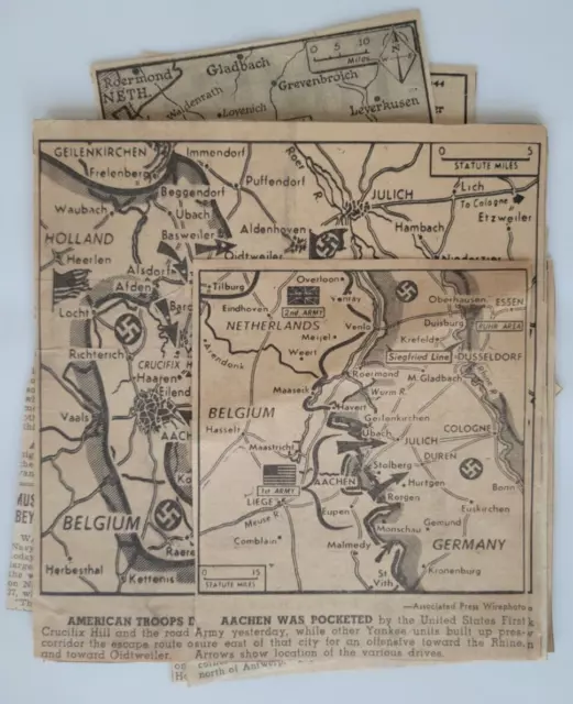 WWII Allied Fighting In/Around Aachen Germany US Newspaper Maps 10 Clips