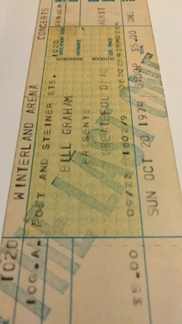 Grateful Dead  Vintage Rare Ticket Winterland Bill Graham Garcia Wall Of Sound