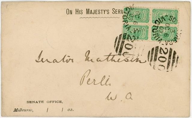 AUSTRALIA 1903 SENATE OFFICE OFFICIAL + BLOCK VICTORIA S.YARRA to PERTH MATHESON 2