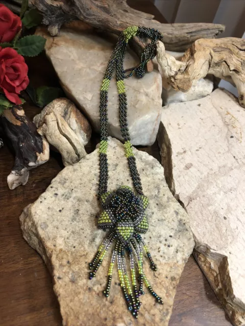Hand Crafted Flower Olive Green Peacock Seed Bead Beaded Tassel Necklace 18"