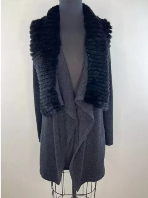 Theory Gray Long Sleeve Maritza Fur Genuine Rabbit Collar Wool Cardigan Size M