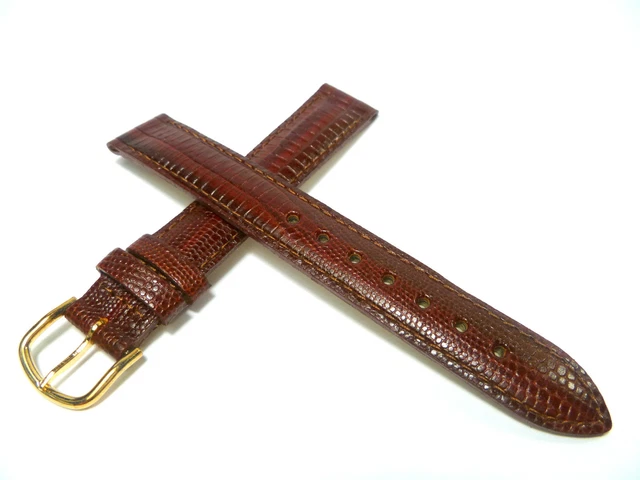 Bracelet De Montre En Cuir Vert Lézard Gaufré - 15mm - Boucle Ardillon - Neuf Sans étiquette