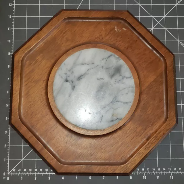 Vintage Octagon shaped teak wood cheese board with a marble tile insert