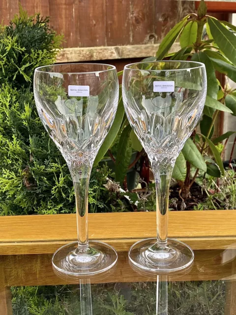 Royal Doulton Crystal Pair Of Highclere Cut 22cm Wine Goblet Glasses - New