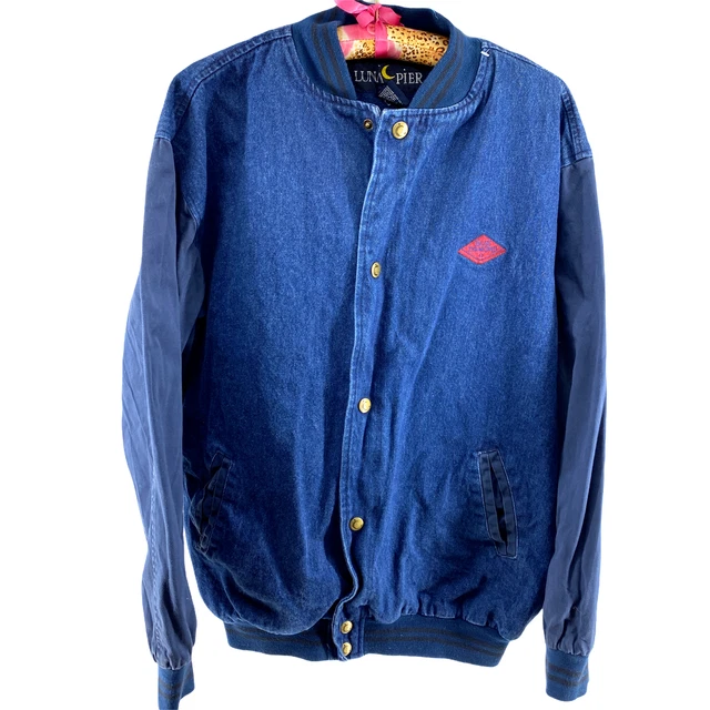 Giacca Vintage Varsity Bomber Uomo XL Blu Diamante Retro Luna Pier Denim Tela