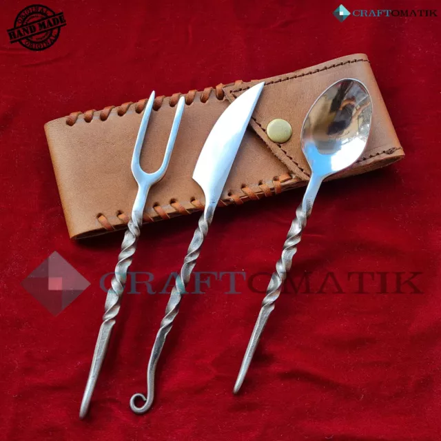 BBQ Cutlery Set Camping Cutlery Hand-Forged Mediaeval With Pocket