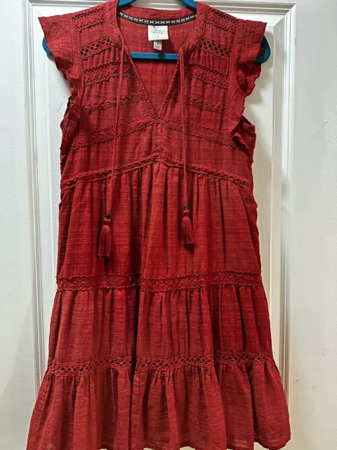 Knox Rose Dress Womens Small Red Sleeveless Tiered Tassel Tie Flowy Boho