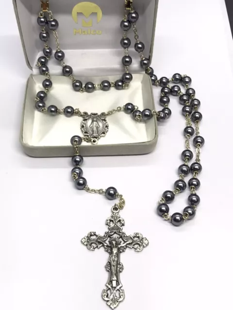 Vintage Sterling Silver Crucifix Rosary Malco Italy Gray Beads
