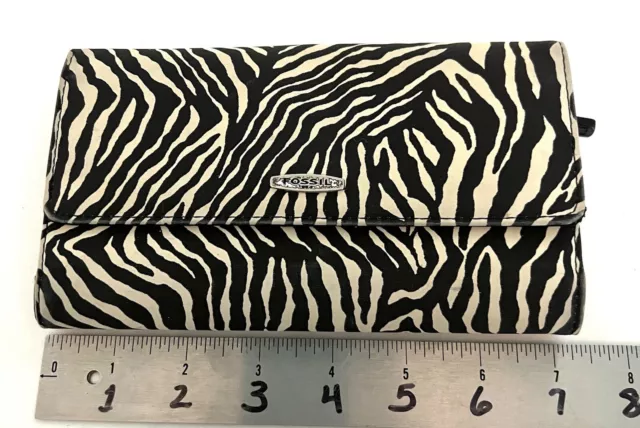 Vintage FOSSIL Trifold Women Clutch Wallet Zebra Black White Animal Print ID CrC