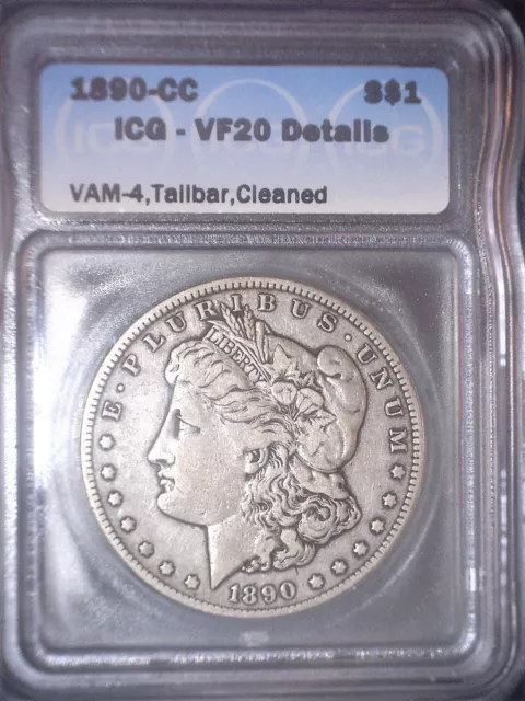 1890 CC Morgan Silver Dollar,  VF20. ICG Tough Date, Low Mintage, VAM-4.Tailbar