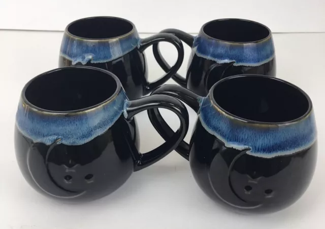 SET 4 POTTER’S CORNER Drip Glaze MIDNIGHT MOON MUGS Coffee Black Blue Celestial