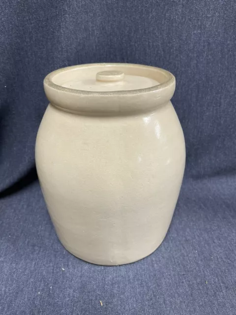 ANTIQUE PRIMITIVE GLAZED POTTERY STONEWARE CROCK JAR WITH LID Unmarked 9” Tall