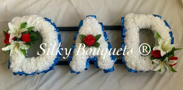 Dad Artificial Silk Funeral Flower Tribute Wreath Any 3 Letter Name Memorial