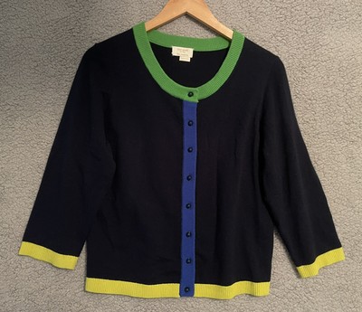 Kate Spade color block cardigan cashmere Wool blend Navy Blue Small Sweater S