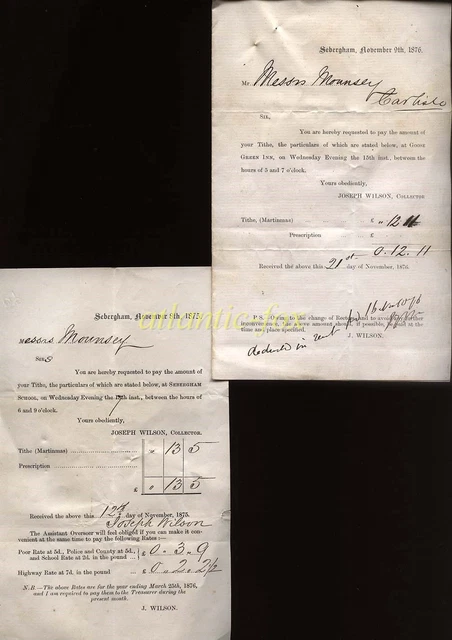 1876 Sebergham Cumberland, Tithe Bills, 1 Payable Goose Green Inn & 1 At School