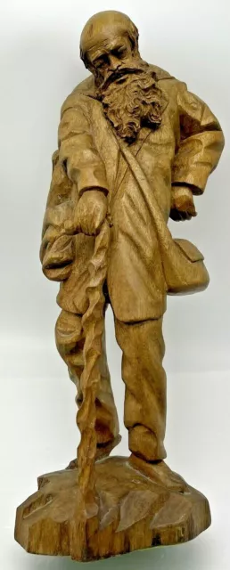 Intricate Vintage European Wood Carving Old Man with Walking Cane Bald Beard